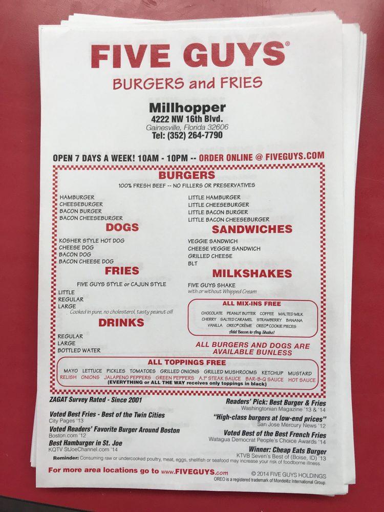 Menu at Five Guys fast food, Gainesville, NW 16th Blvd