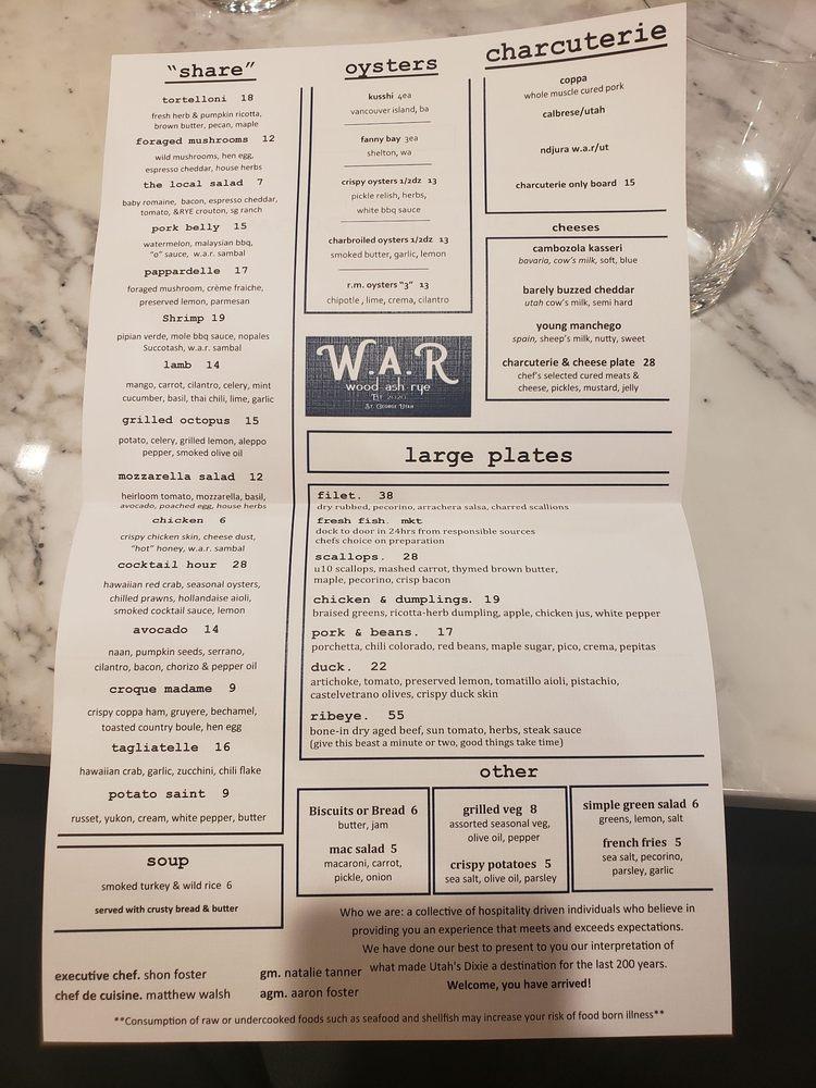 Menu at Wood Ash Rye restaurant, St.