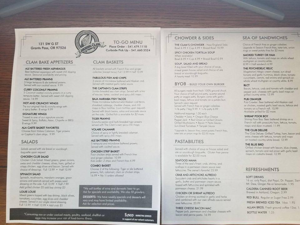 Menu at The Laughing Clam LLC pub & bar, Grants Pass