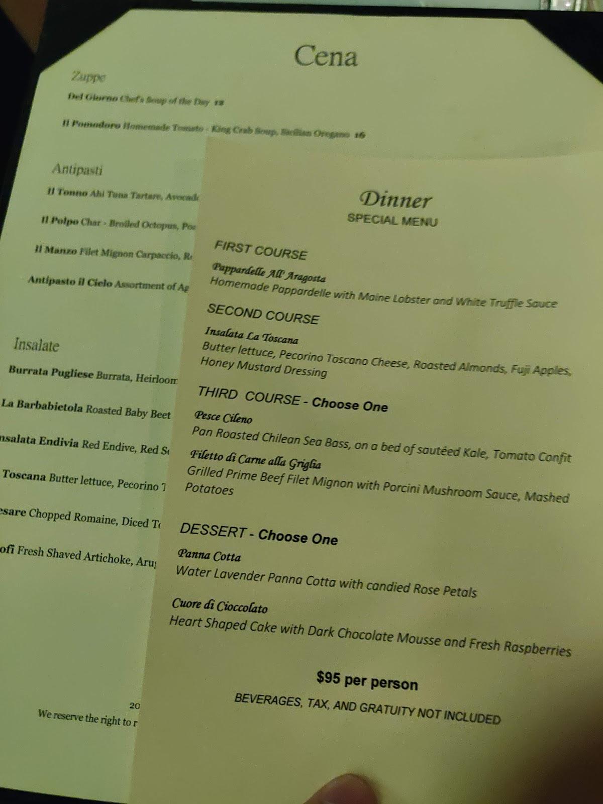 Menu at Il Cielo restaurant, Beverly Hills