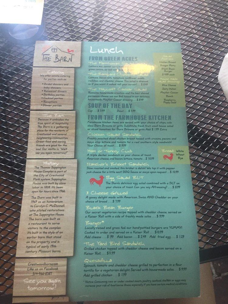 Menu at The Barn, St. Louis, Sappington Rd