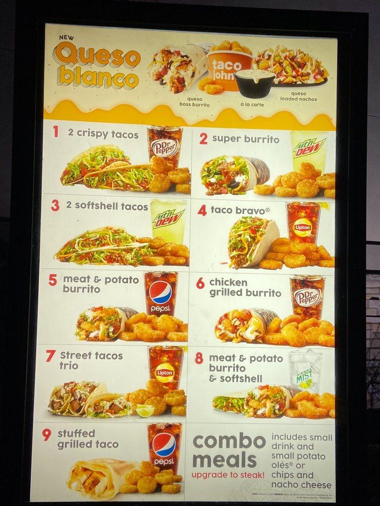 Menu at Taco John's fast food, Thornton, Washington St