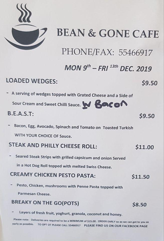 Menu at Bean & Gone Cafe, Ormeau