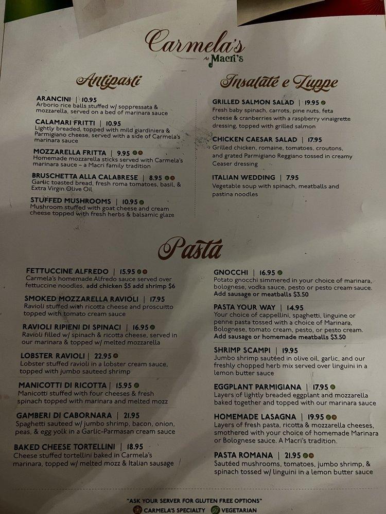 Menu at Macri's Italian Bakery, South Bend