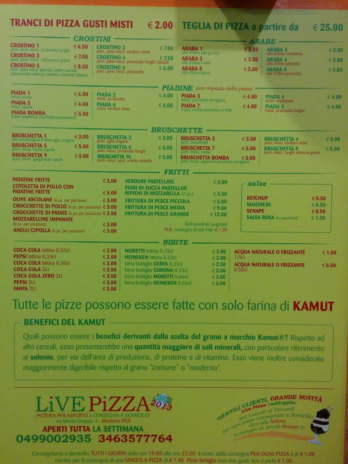Menu da Live Pizza pizzeria, Mestrino
