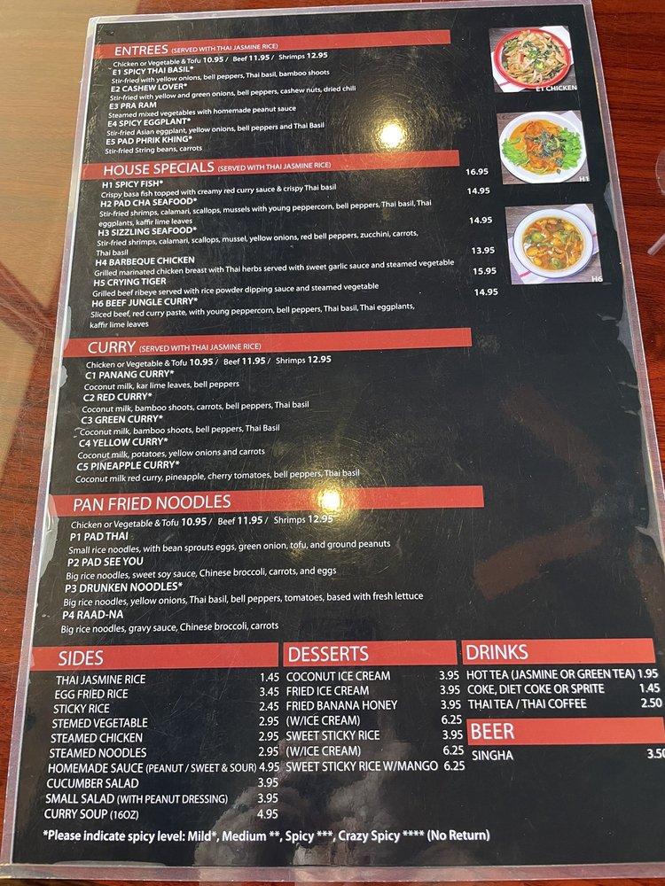 Menu at Naha Thai restaurant, Sugar Land