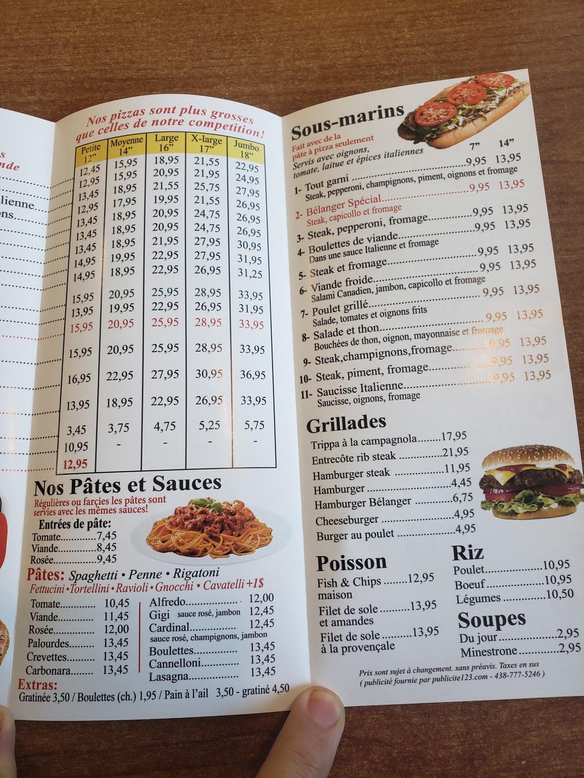 Menu at Pizzeria Belanger, Montreal