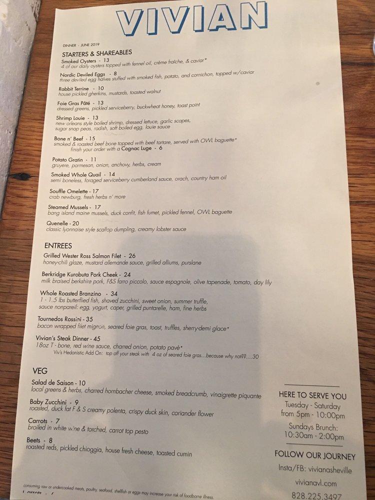 Menu at Vivian pub & bar, Asheville, 348 Depot St Ste 190