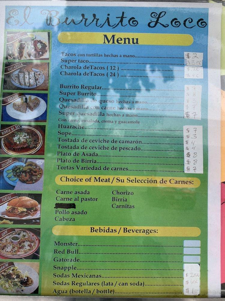 Menu at El Burrito Loco Taco Truck restaurant, San Jose