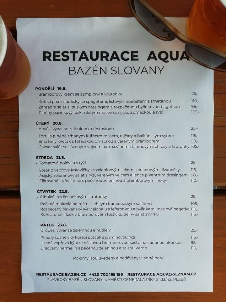 Carta Del Restaurante Restaurace AQUA Bazén Slovany Plzeň, Pilsen