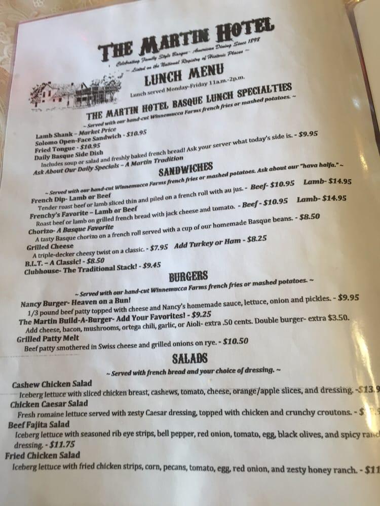 Menu at The Martin Hotel restaurant, Winnemucca