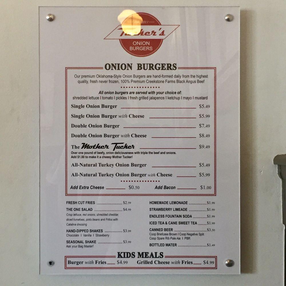 Menu at Tucker's Onion Burgers restaurant, Oklahoma City, 324 NW 23rd St