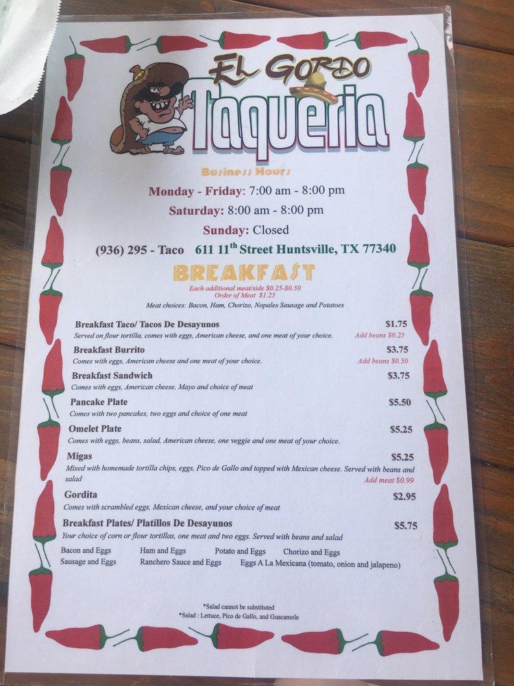 Menu At El Gordo Taqueria Restaurant Huntsville