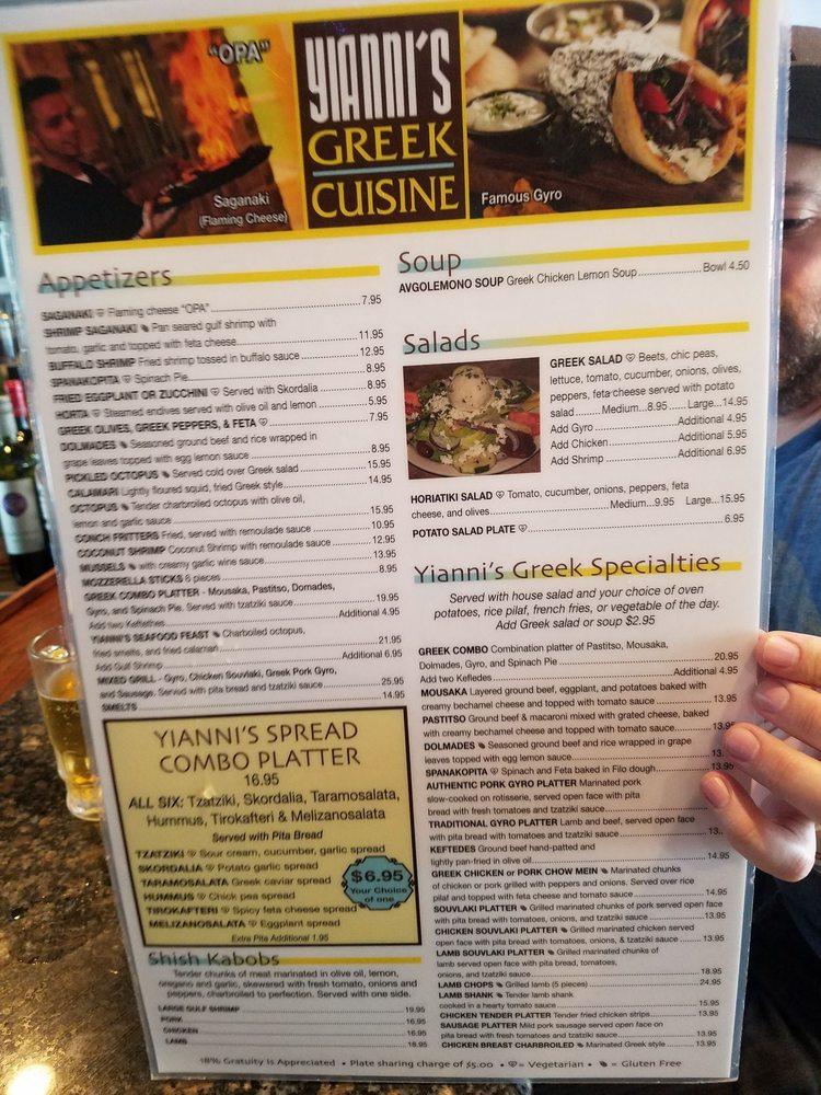 Menu at Yianni's Greek Cuisine restaurant, Tarpon Springs