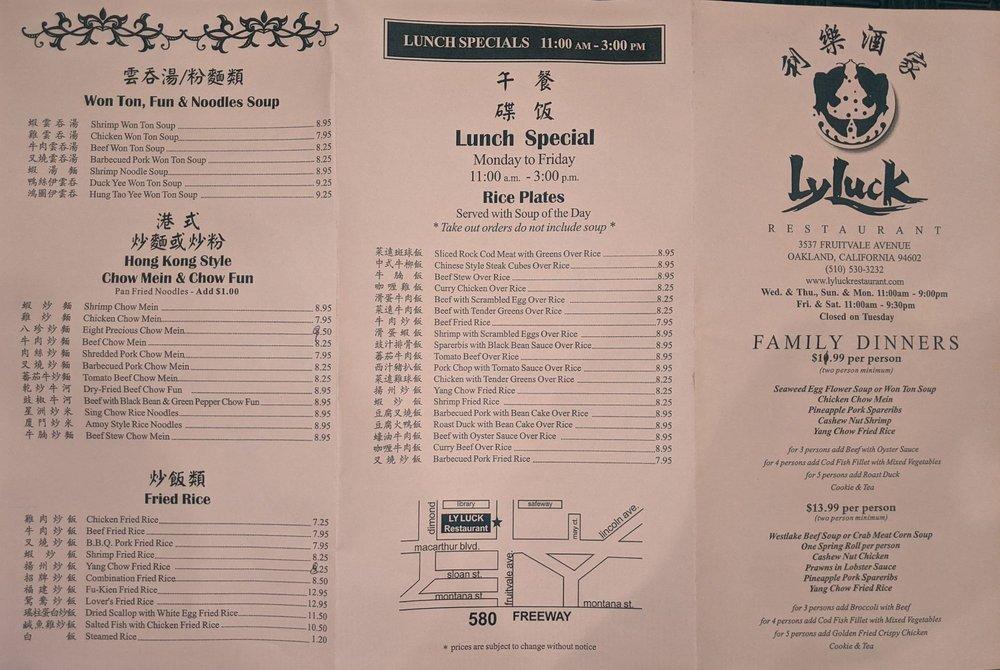 Menu at Ly-Luck restaurant, Oakland 