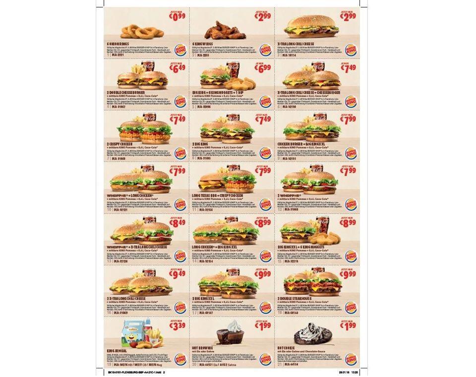 Speisekarte von Burger King fast Food, Flensburg, Lise-Meitner-Straße 33