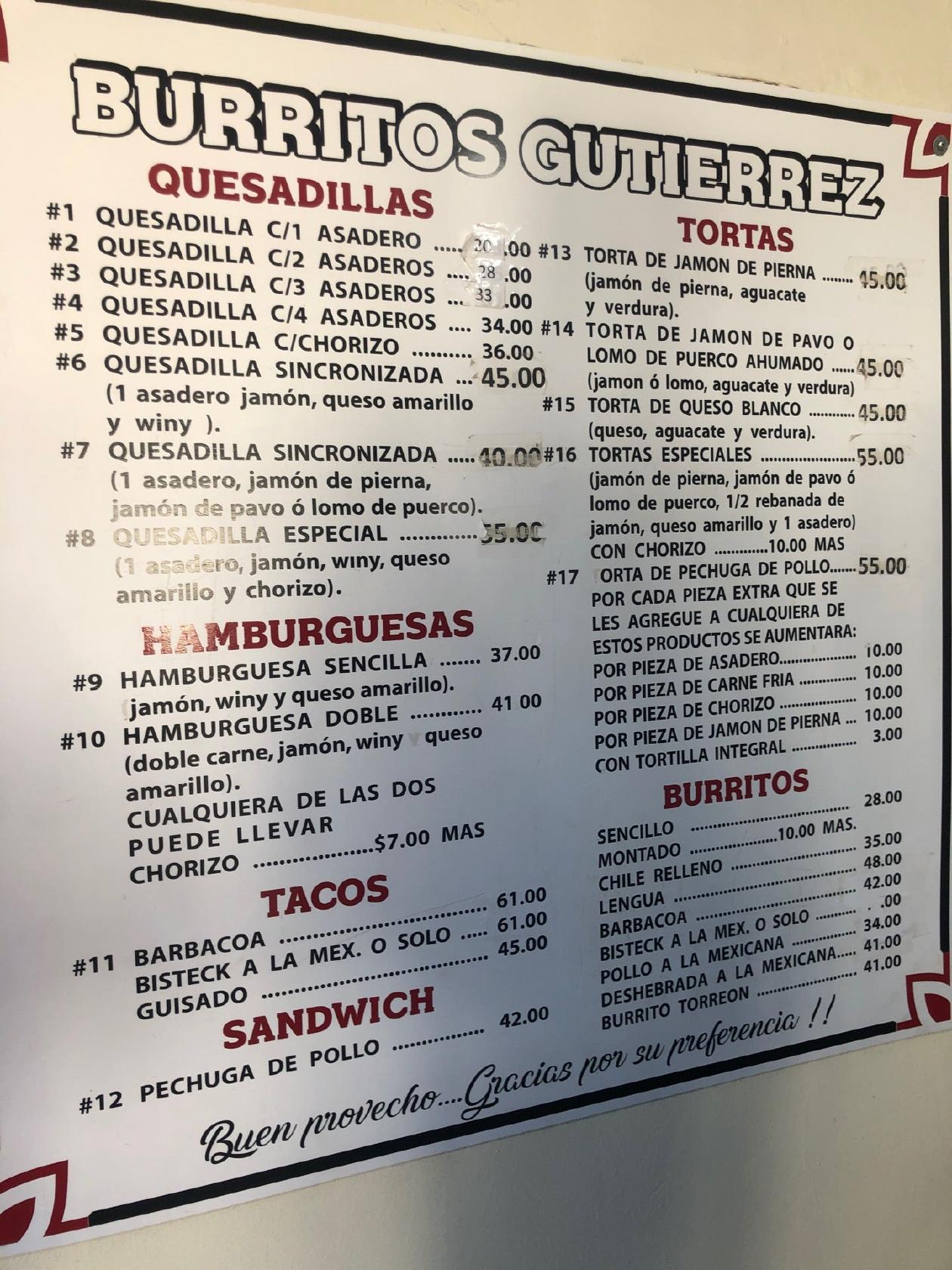 Carta del restaurante Burritos Gutierrez, Villa Ahumada, Carretera
