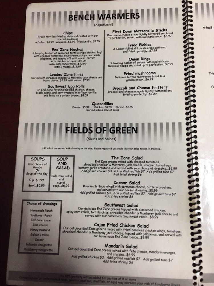 Menu at End Zone Grill & Bar, Sterlington, Highway 165 North