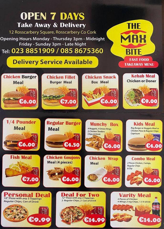 Menu at Rosscarbery The Max Bite Takeaway Restaurant, Cork