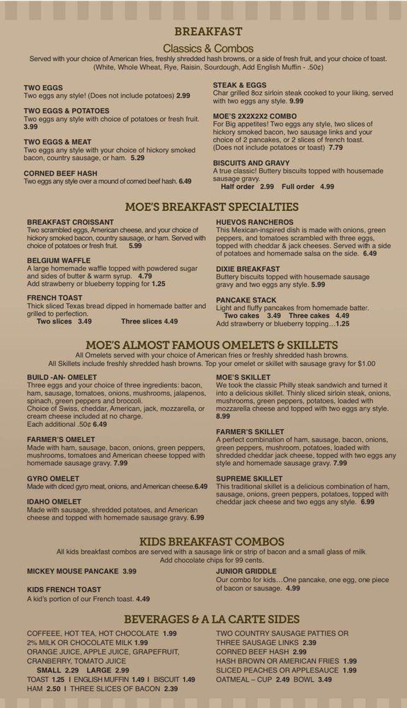 Menu at Moe's Restaurant, Huntington