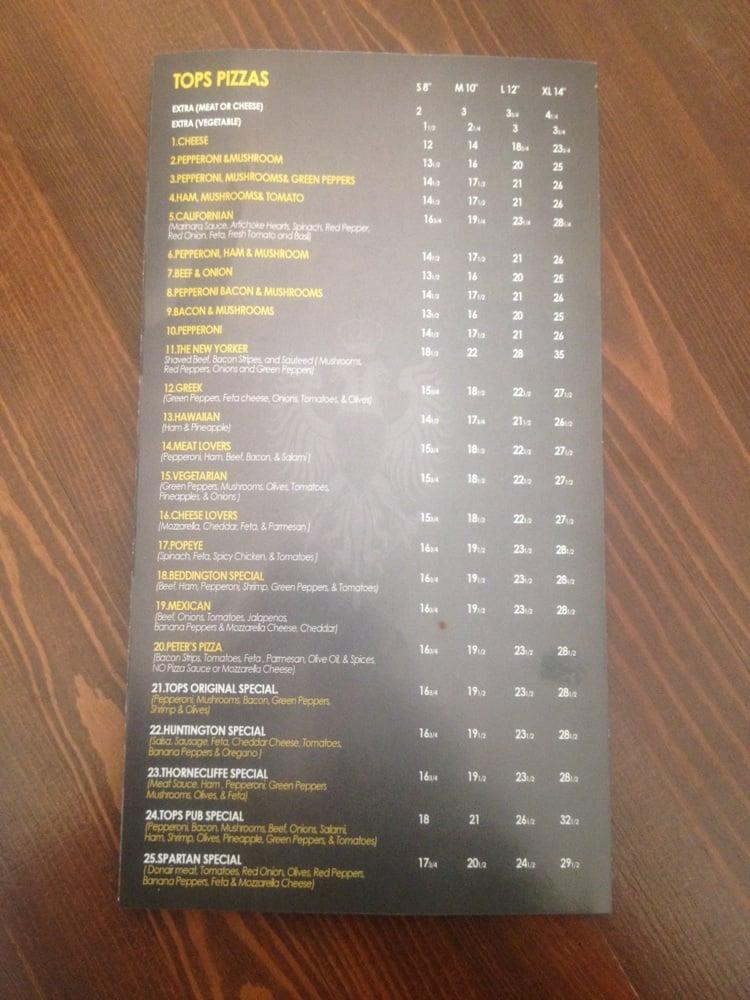 Menu at Tops Pizza pub & bar, Calgary