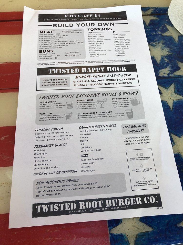 Menu at Twisted Root Burger Co. pub & bar, San Angelo