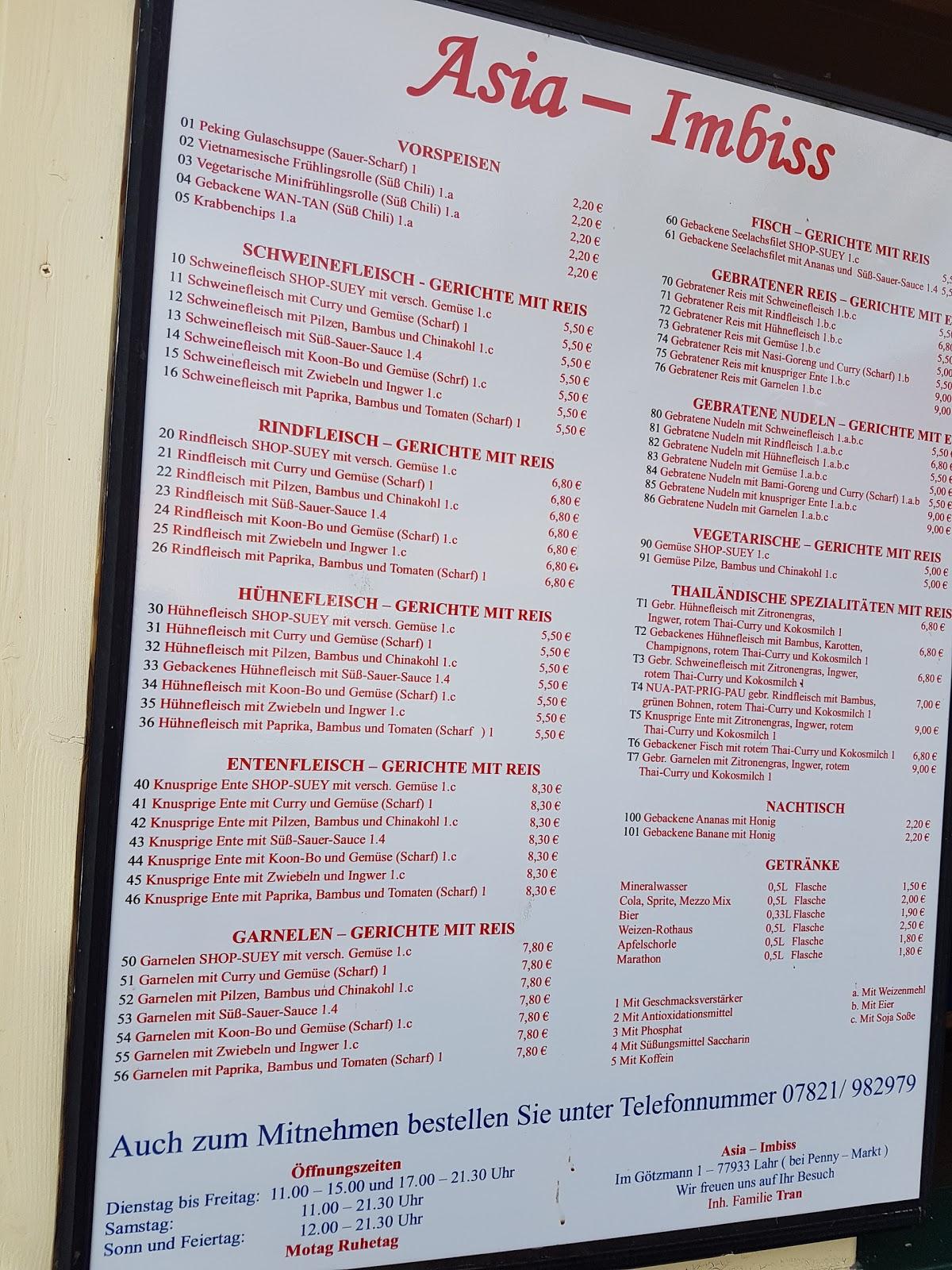 Speisekarte von Asia-Imbiss fast Food, Lahr/Schwarzwald