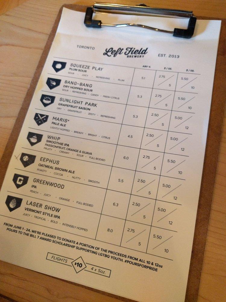 Menu at Left Field Brewery pub & bar, Toronto