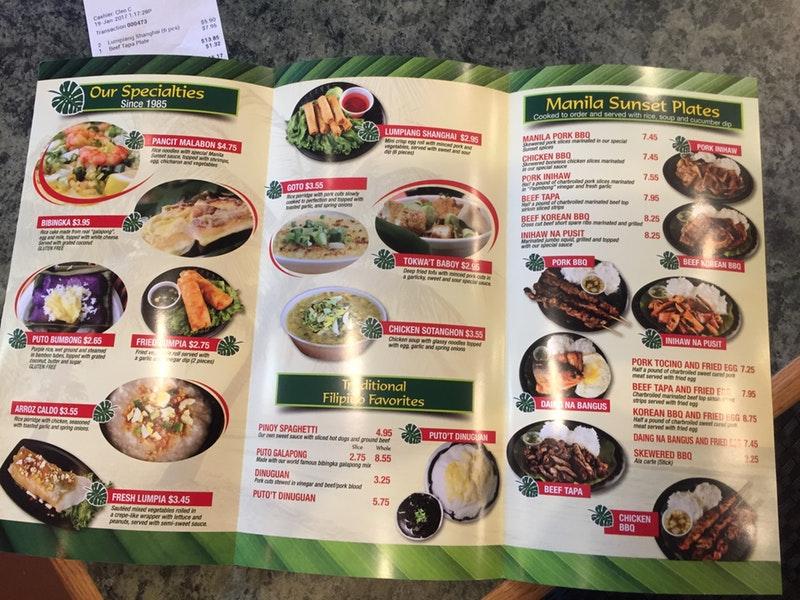 Menu at Manila Sunset restaurant, Tukwila