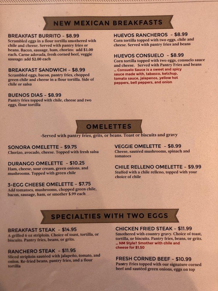 Menu at The Pantry restaurant, Santa Fe
