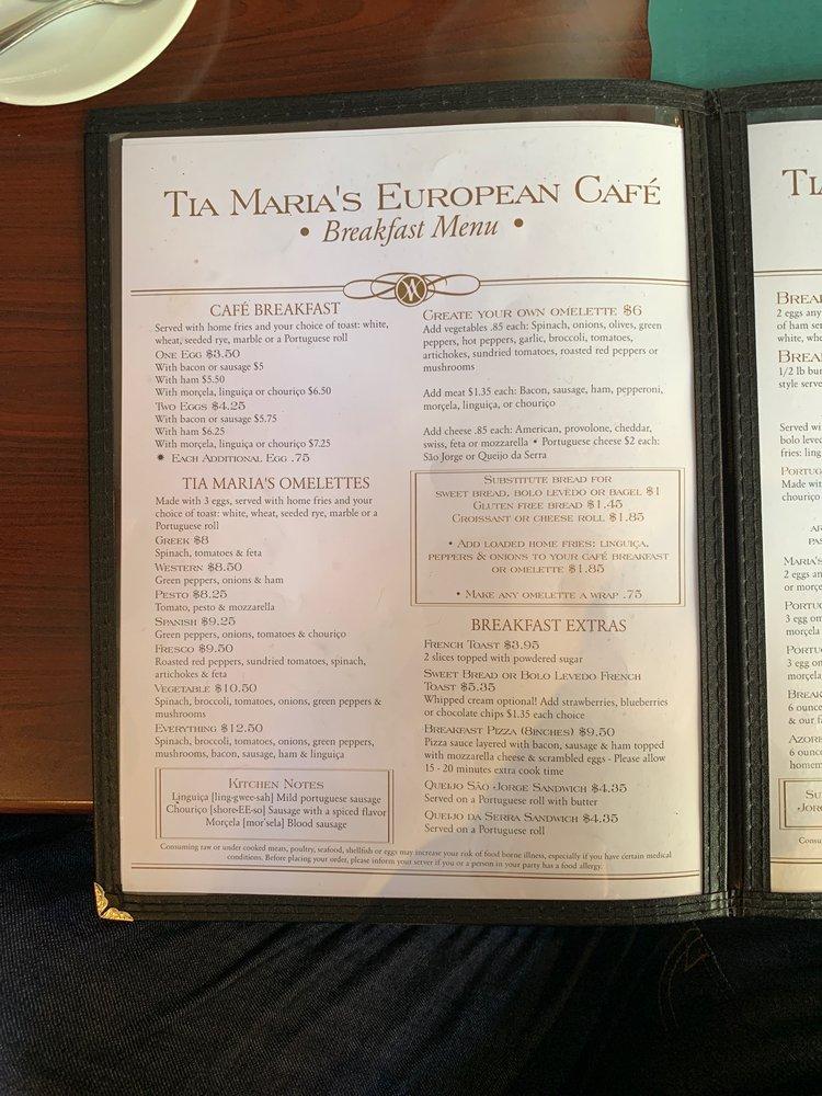 Menu at Tia Maria's European Café cafe, New Bedford, 42 N Water St