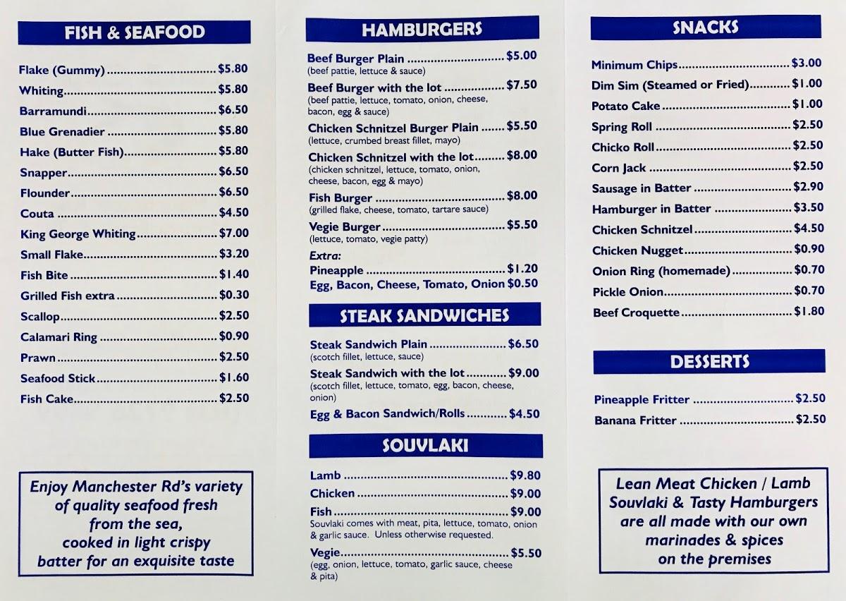 Menu at Manchester Road Fish & Chips fast food, Mooroolbark