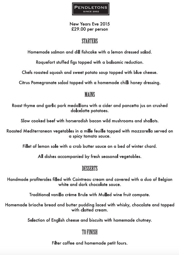 Menu at Pendletons restaurant, Shanklin