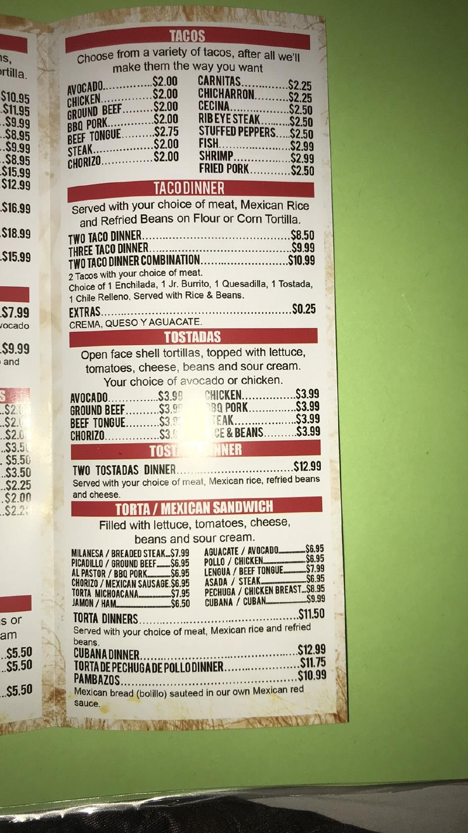 Menu at Tacos El Norte restaurant, Palatine, N Rand Rd