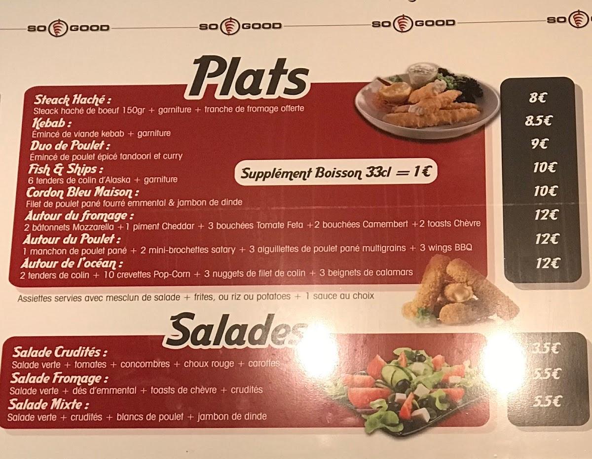 Menu au So Good restaurant, Rochefort