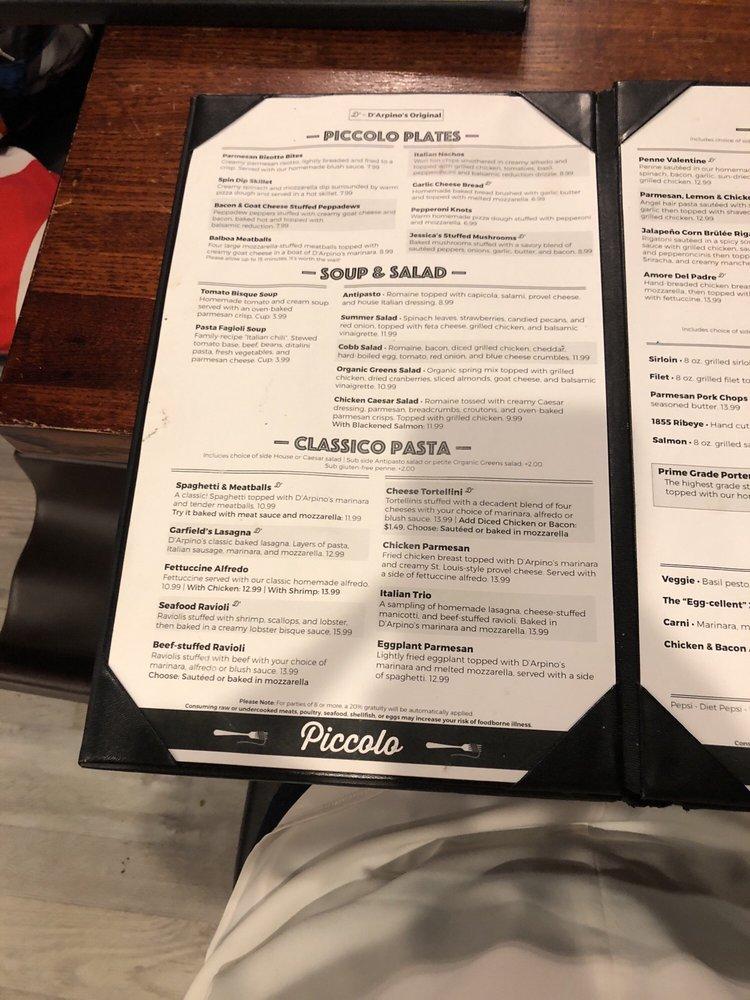 Menu at Piccolo pizzeria, Nixa