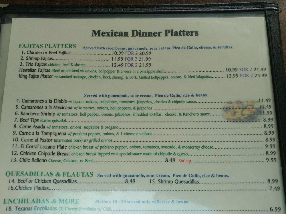 Menu at El Corral Lozano restaurant, Taylor
