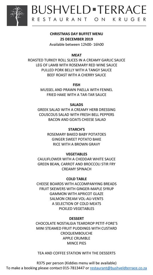 Menu at Bushveld Terrace Hotel on Kruger restaurant, Phalaborwa