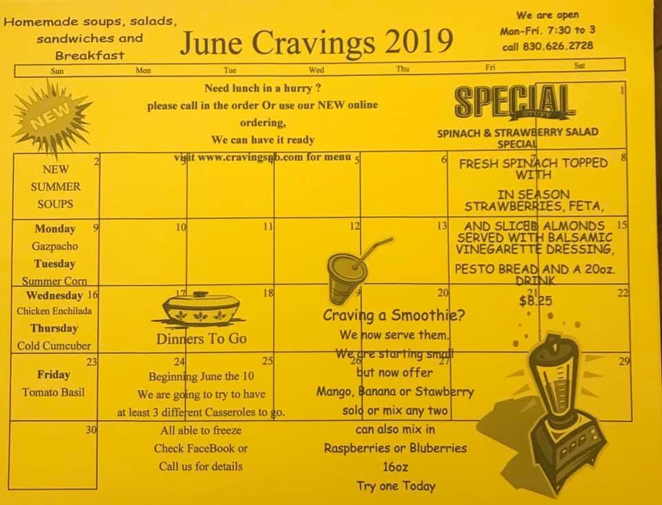 Menu at Cravings cafe, New Braunfels