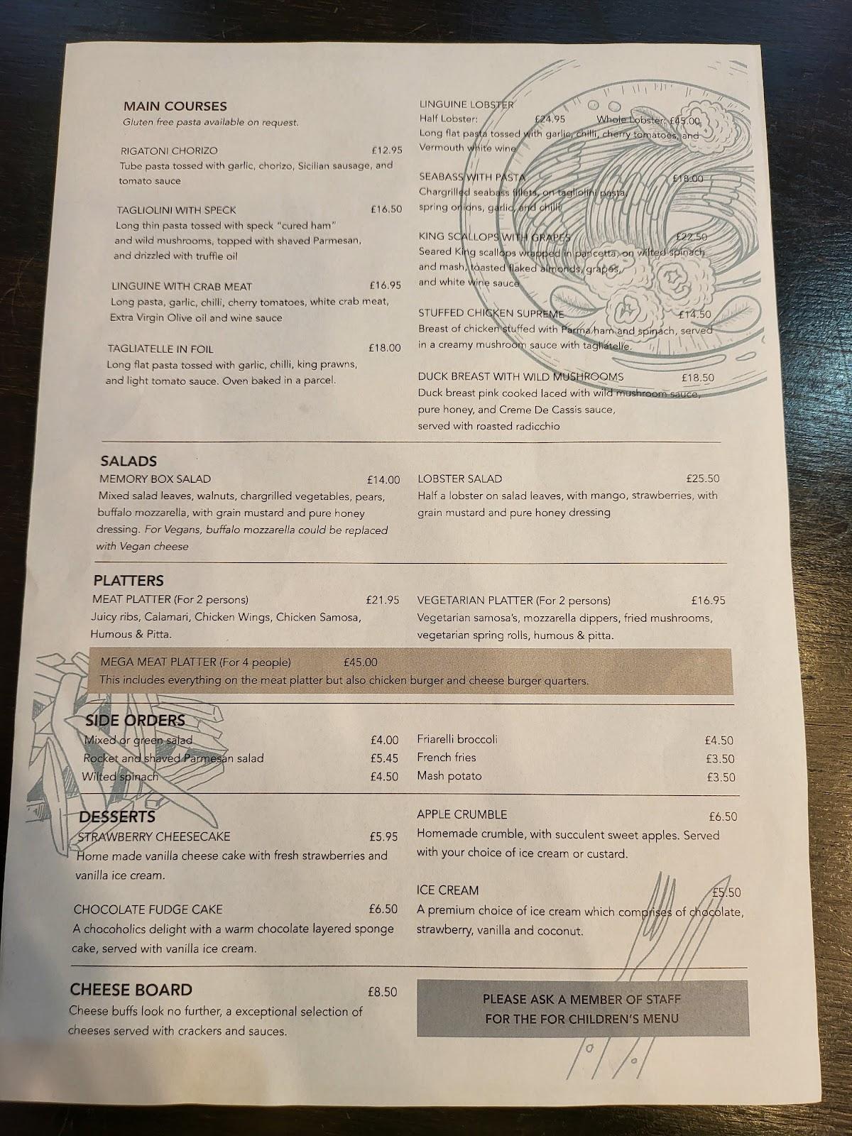 Menu at Memory Box Palace pub & bar, London