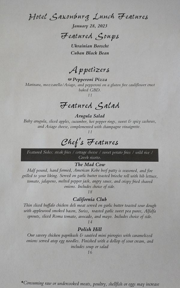 Menu at Hotel Saxonburg restaurant, Saxonburg