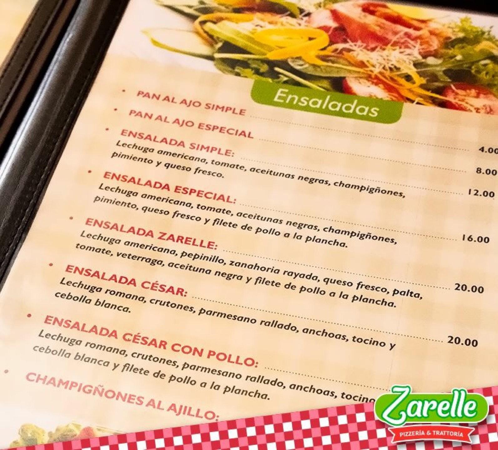 Carta de Pizzería Zarelle, Jesus Maria, Av. Arnaldo Márquez 1521