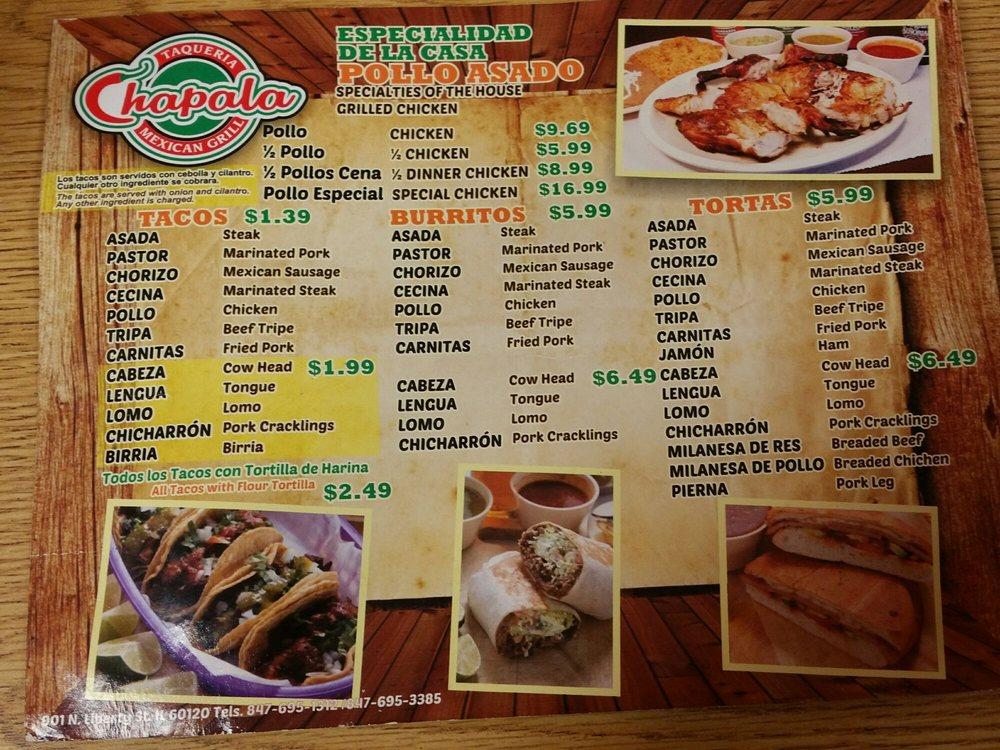 Menu at Taqueria Chapala restaurant, Elgin