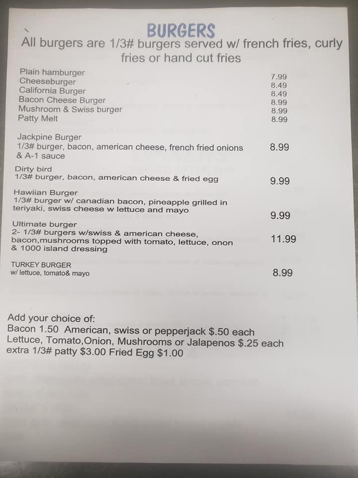 Menu at Jackpine Family Diner restaurant, Littlefork