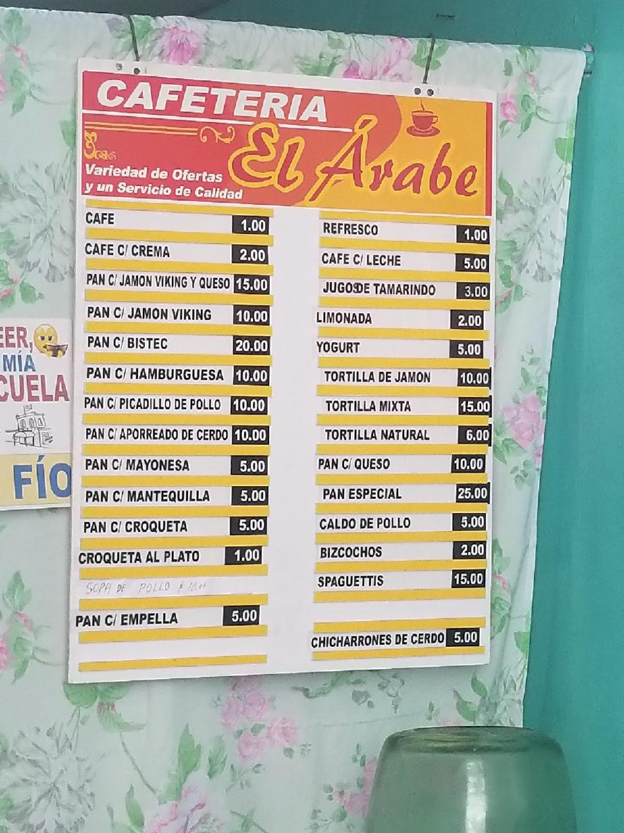 Carta de Cafeteria El ARABE, La Habana