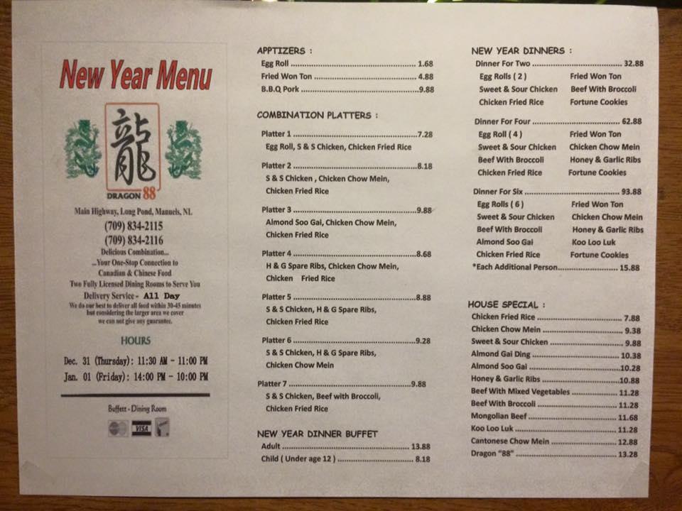 Menu at Dragon 88 restaurant, Conception Bay South