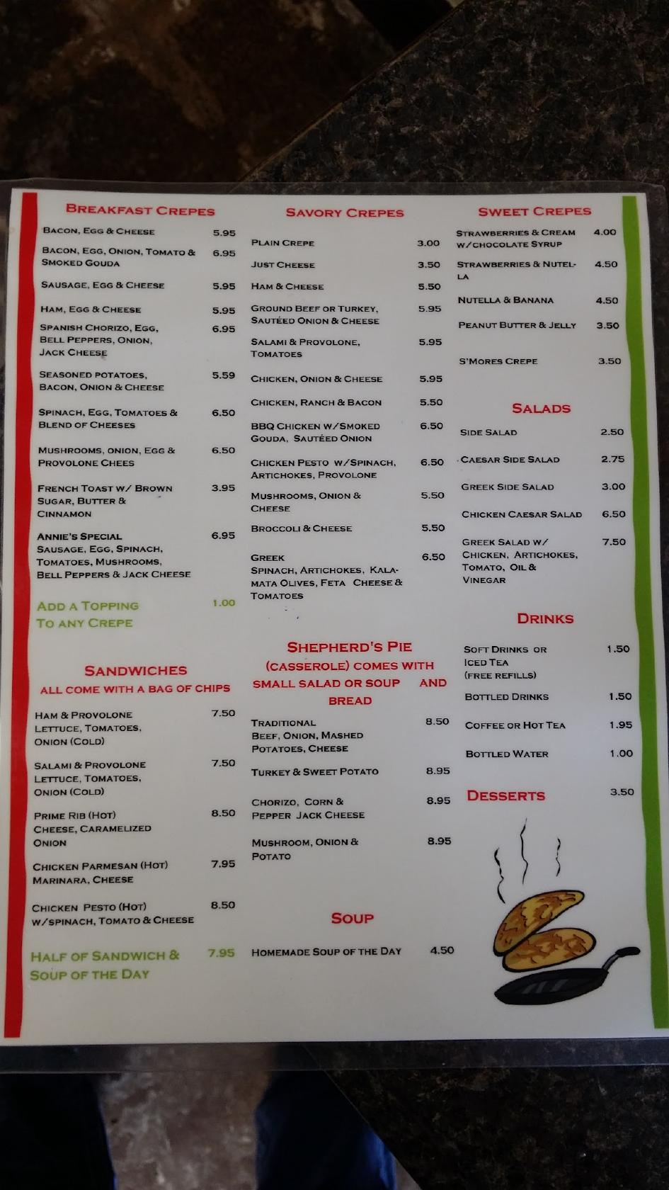 Menu at Creperie & European Cafe, Midwest City