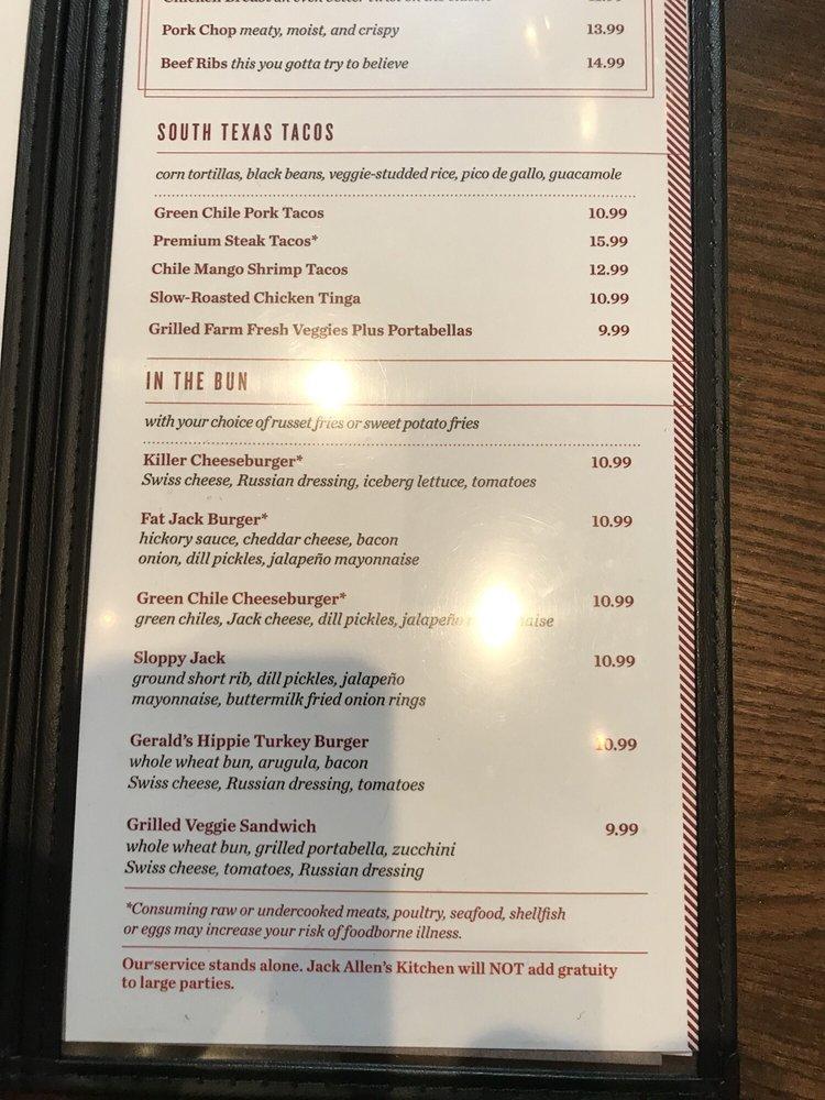 Menu at Jack Allen's Kitchen restaurant, Round Rock, Hoppe Trail