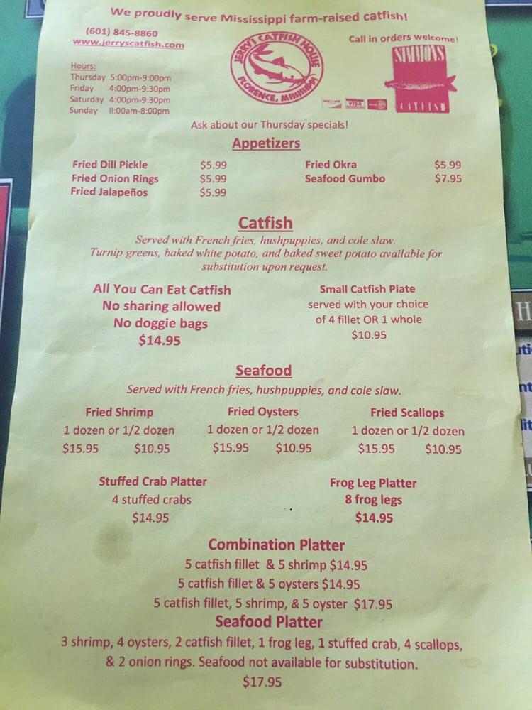 Menu at Jerry's Catfish House restaurant, Florence