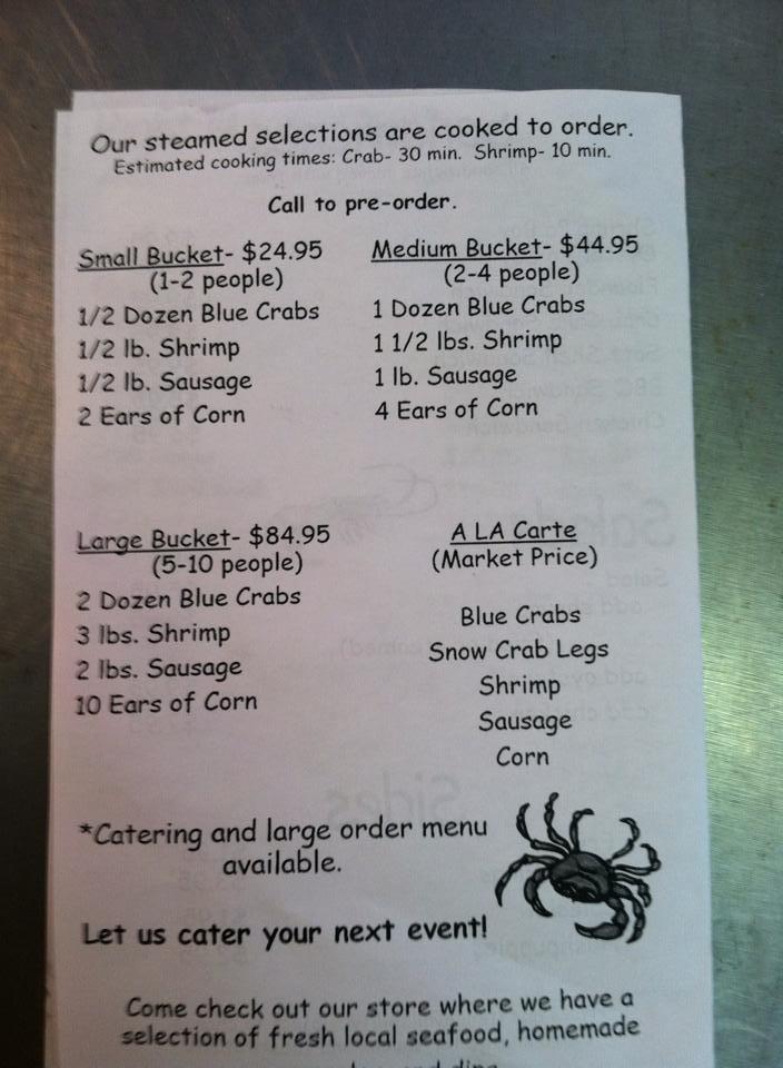 Menu at Flowers Seafood restaurant, Edisto Island